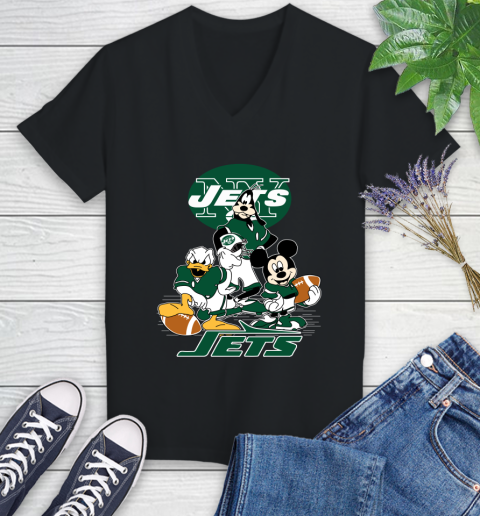 NFL New York Jets Mickey Mouse Donald Duck Goofy Football Shirt Women's V-Neck T-Shirt