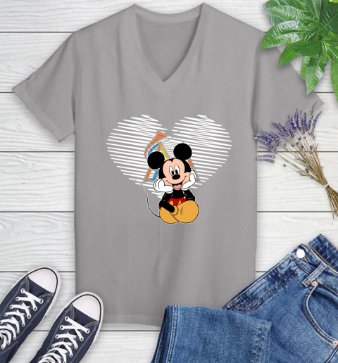 MLB Miami Marlins The Heart Mickey Mouse Disney Baseball T Shirt_000 Women's V-Neck T-Shirt 4