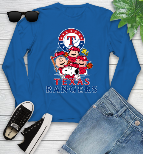 MLB Texas Rangers Snoopy Charlie Brown Woodstock The Peanuts Movie Baseball T Shirt Youth Long Sleeve 10