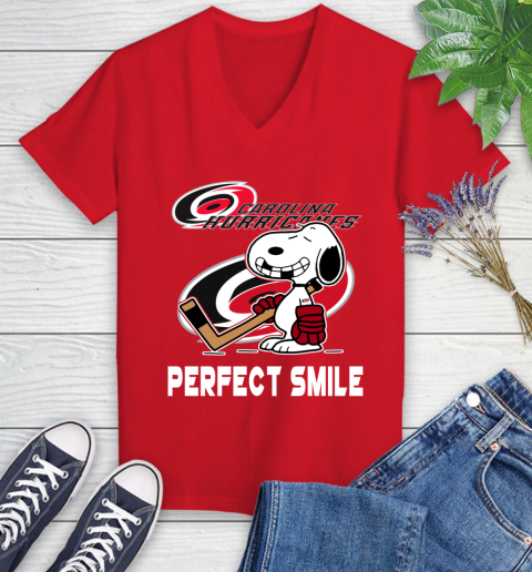 NHL Carolina Hurricanes Snoopy Perfect Smile The Peanuts Movie Hockey T Shirt Women's V-Neck T-Shirt 11