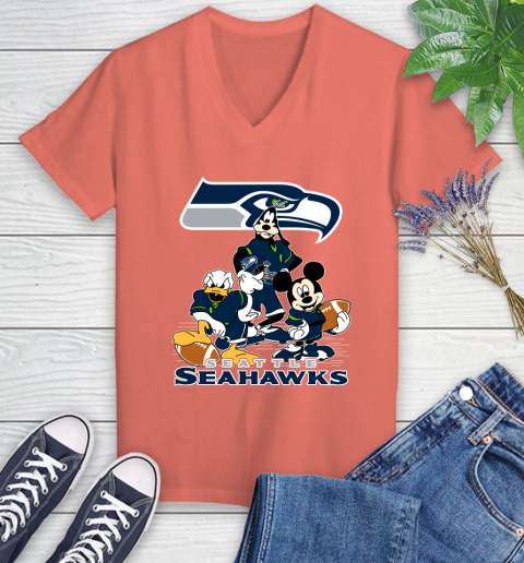 NFL Seattle Seahawks Mickey Mouse Donald Duck Goofy Football Shirt Women's V-Neck T-Shirt 6