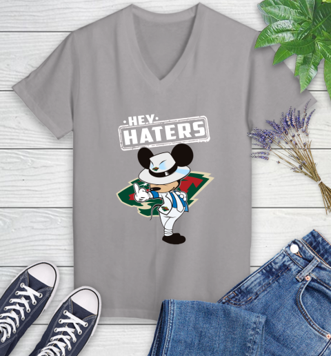 NHL Hey Haters Mickey Hockey Sports Minnesota Wild Women's V-Neck T-Shirt 4