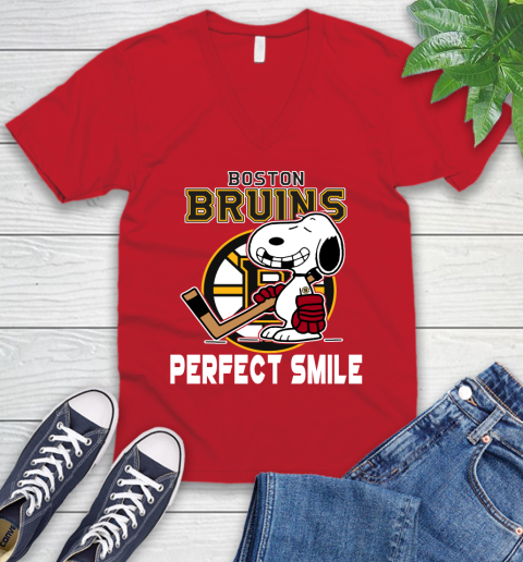 NHL Boston Bruins Snoopy Perfect Smile The Peanuts Movie Hockey T Shirt V-Neck T-Shirt 6