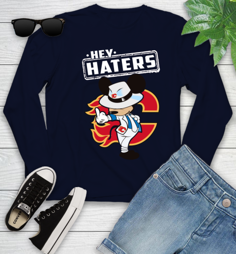 NHL Hey Haters Mickey Hockey Sports Calgary Flames Youth Long Sleeve 2