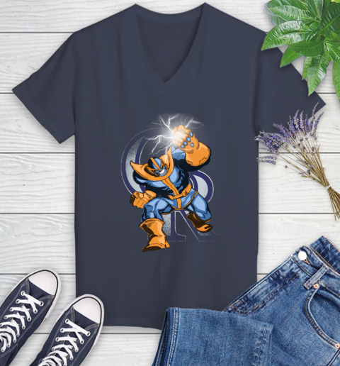 Colorado Rockies MLB Baseball Thanos Avengers Infinity War Marvel Women's V-Neck T-Shirt 12