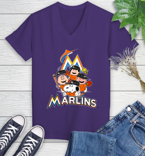 MLB Miami Marlins Snoopy Charlie Brown Woodstock The Peanuts Movie Baseball T Shirt Women's V-Neck T-Shirt 3