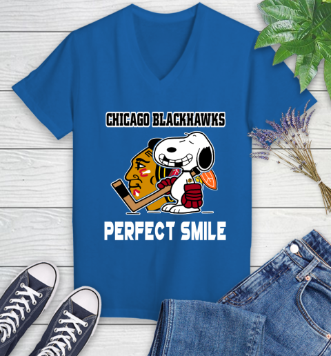 NHL Chicago Blackhawks Snoopy Perfect Smile The Peanuts Movie Hockey T Shirt Women's V-Neck T-Shirt 10