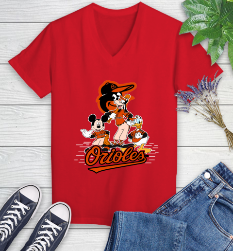 MLB Baltimore Orioles Mickey Mouse Donald Duck Goofy Baseball T Shirt Women's V-Neck T-Shirt 11
