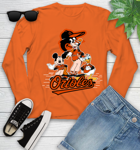 MLB Baltimore Orioles Mickey Mouse Donald Duck Goofy Baseball T Shirt Youth Long Sleeve 3