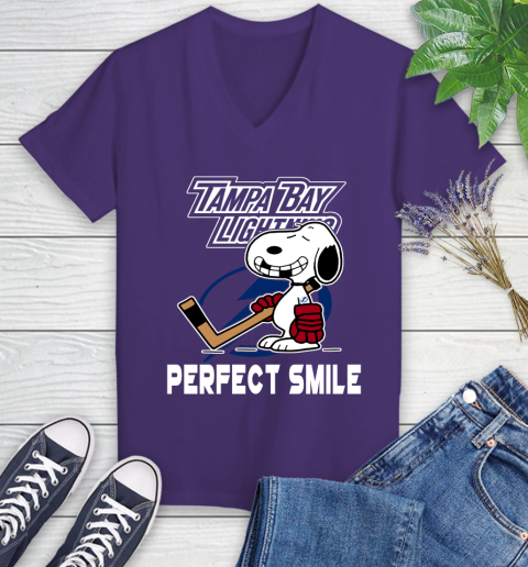 NHL Tampa Bay Lightning Snoopy Perfect Smile The Peanuts Movie Hockey T Shirt Women's V-Neck T-Shirt 3