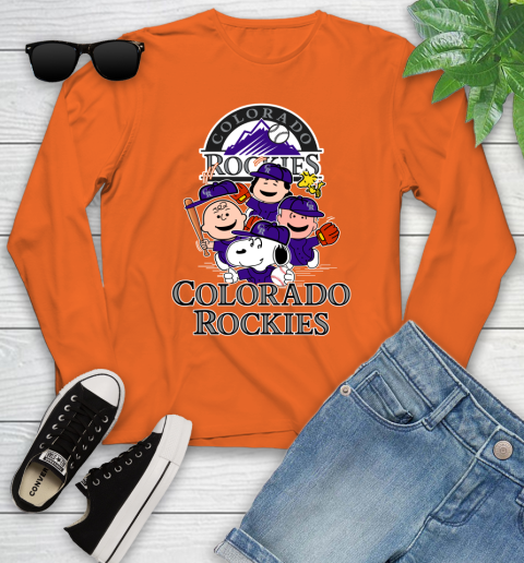 MLB Colorado Rockies Snoopy Charlie Brown Woodstock The Peanuts Movie Baseball T Shirt_000 Youth Long Sleeve 3
