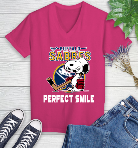 NHL Buffalo Sabres Snoopy Perfect Smile The Peanuts Movie Hockey T Shirt Women's V-Neck T-Shirt 9