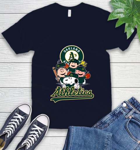 MLB Oakland Athletics Snoopy Charlie Brown Woodstock The Peanuts Movie Baseball T Shirt_000 V-Neck T-Shirt 2