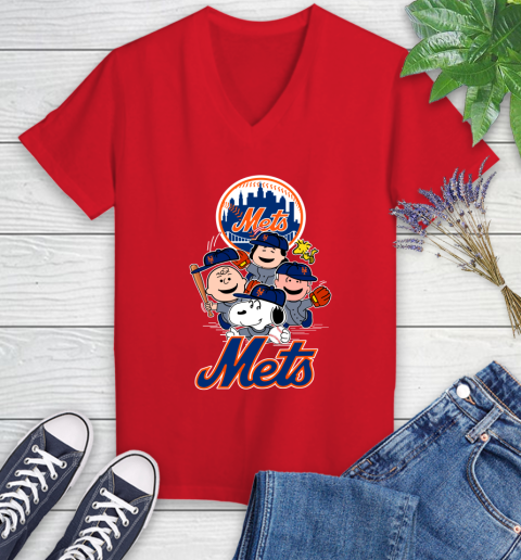 MLB New York Mets Snoopy Charlie Brown Woodstock The Peanuts Movie Baseball T Shirt Women's V-Neck T-Shirt 11
