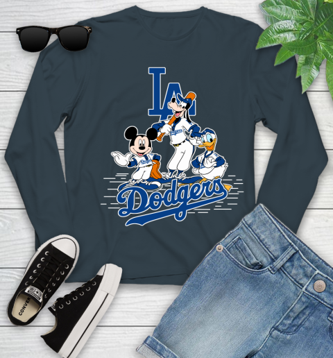 MLB Los Angeles Dodgers Mickey Mouse Donald Duck Goofy Baseball T Shirt Youth Long Sleeve 9