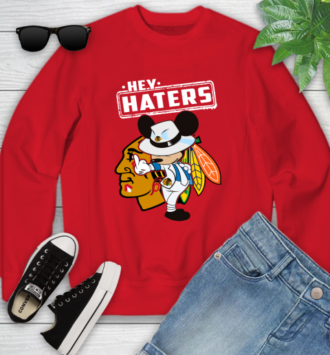NHL Hey Haters Mickey Hockey Sports Chicago Blackhawks Youth Sweatshirt 8