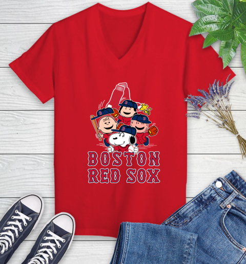 MLB Boston Red Sox Snoopy Charlie Brown Woodstock The Peanuts Movie Baseball T Shirt Women's V-Neck T-Shirt 11