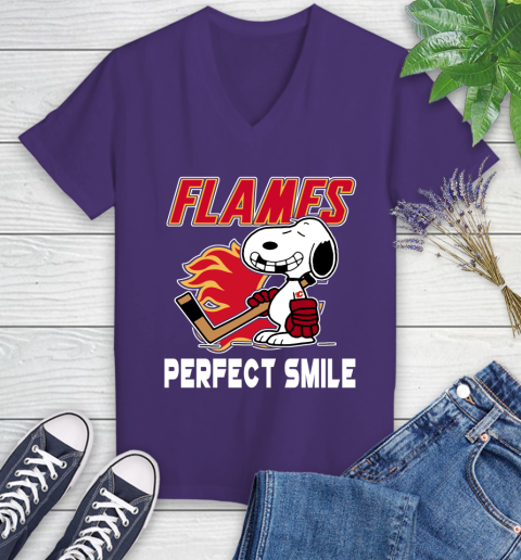 NHL Calgary Flames Snoopy Perfect Smile The Peanuts Movie Hockey T Shirt Women's V-Neck T-Shirt 3