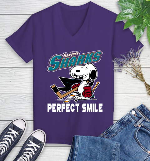 NHL San Jose Sharks Snoopy Perfect Smile The Peanuts Movie Hockey T Shirt Women's V-Neck T-Shirt 3