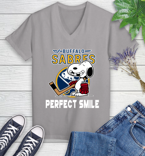 NHL Buffalo Sabres Snoopy Perfect Smile The Peanuts Movie Hockey T Shirt Women's V-Neck T-Shirt 4