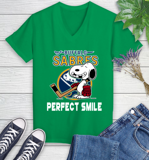 NHL Buffalo Sabres Snoopy Perfect Smile The Peanuts Movie Hockey T Shirt Women's V-Neck T-Shirt 5