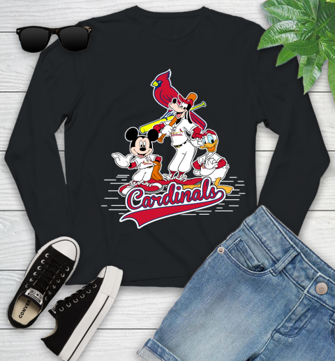 MLB St.Louis Cardinals Mickey Mouse Donald Duck Goofy Baseball T Shirt Youth Long Sleeve