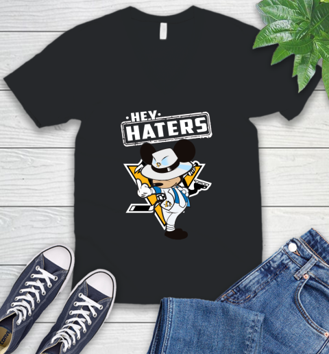 NHL Hey Haters Mickey Hockey Sports Pittsburgh Penguins V-Neck T-Shirt