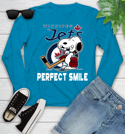 NHL Winnipeg Jets Snoopy Perfect Smile The Peanuts Movie Hockey T Shirt Youth Long Sleeve 8