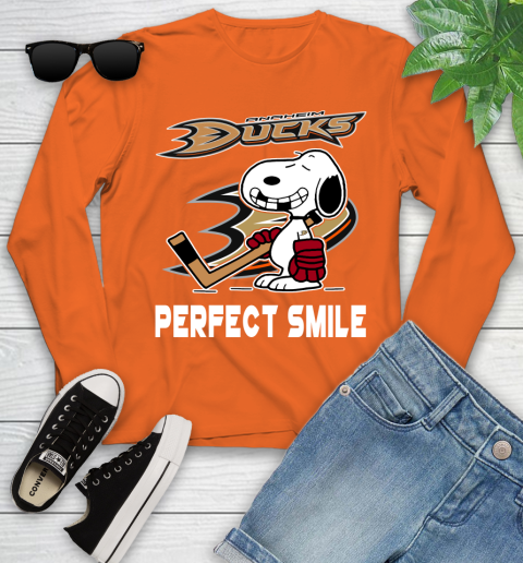 NHL Anaheim Ducks Snoopy Perfect Smile The Peanuts Movie Hockey T Shirt Youth Long Sleeve 3