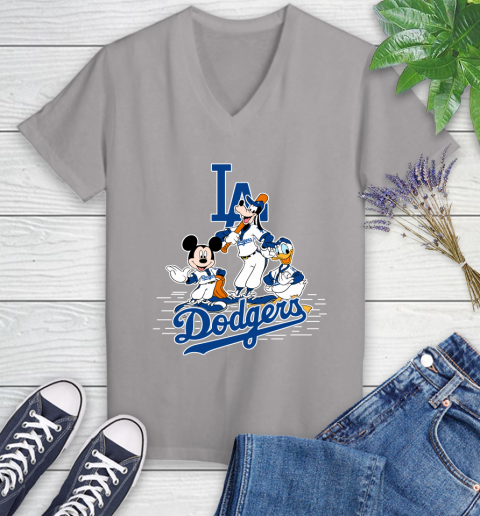 MLB Los Angeles Dodgers Mickey Mouse Donald Duck Goofy Baseball T Shirt Women's V-Neck T-Shirt 4