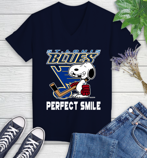 NHL St.Louis Blues Snoopy Perfect Smile The Peanuts Movie Hockey T Shirt Women's V-Neck T-Shirt 2