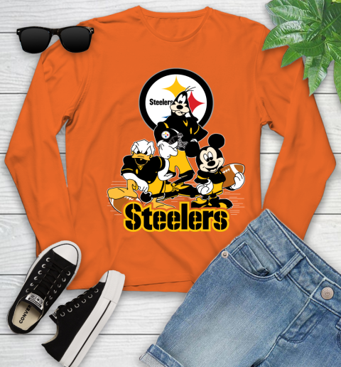 NFL Pittsburgh Steelers Mickey Mouse Donald Duck Goofy Football Shirt Youth Long Sleeve 3