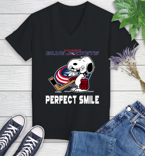 NHL Columbus Blue Jackets Snoopy Perfect Smile The Peanuts Movie Hockey T Shirt Women's V-Neck T-Shirt