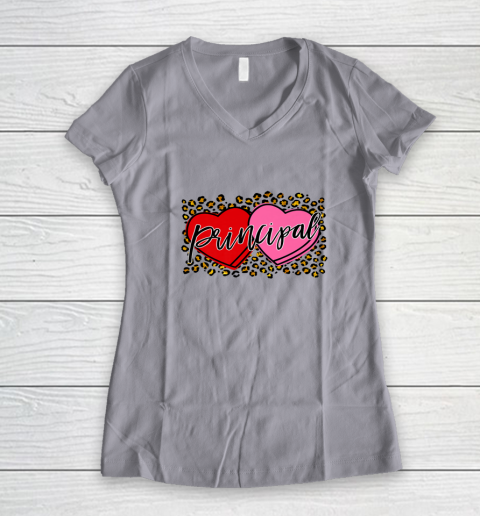 Leopard Candy Heart Principal Valentine Day Principal V Day Women's V-Neck T-Shirt 7