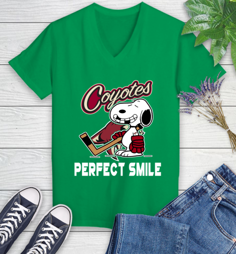 NHL Arizona Coyotes Snoopy Perfect Smile The Peanuts Movie Hockey T Shirt Women's V-Neck T-Shirt 5