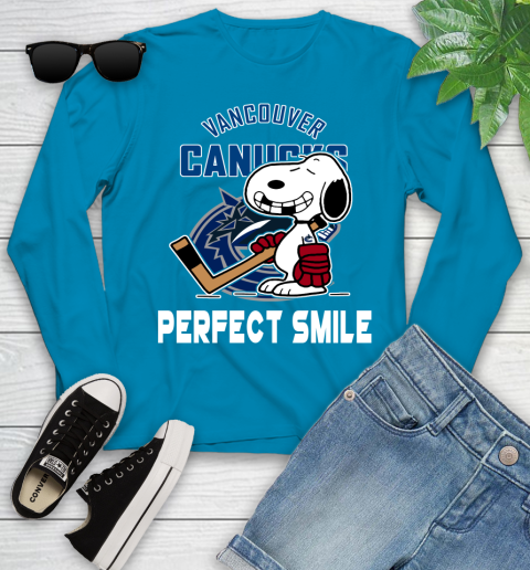 NHL Vancouver Canucks Snoopy Perfect Smile The Peanuts Movie Hockey T Shirt Youth Long Sleeve 8