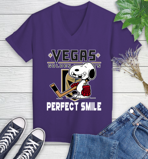 NHL Vegas Golden Knights Snoopy Perfect Smile The Peanuts Movie Hockey T Shirt Women's V-Neck T-Shirt 3