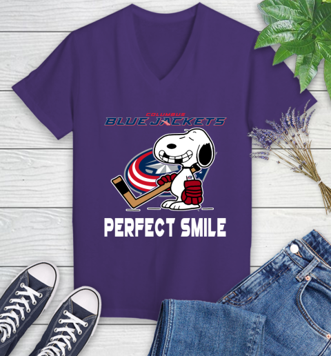 NHL Columbus Blue Jackets Snoopy Perfect Smile The Peanuts Movie Hockey T Shirt Women's V-Neck T-Shirt 3
