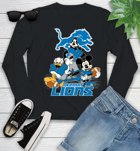 NFL Detroit Lions Mickey Mouse Donald Duck Goofy Football Shirt Youth Long Sleeve