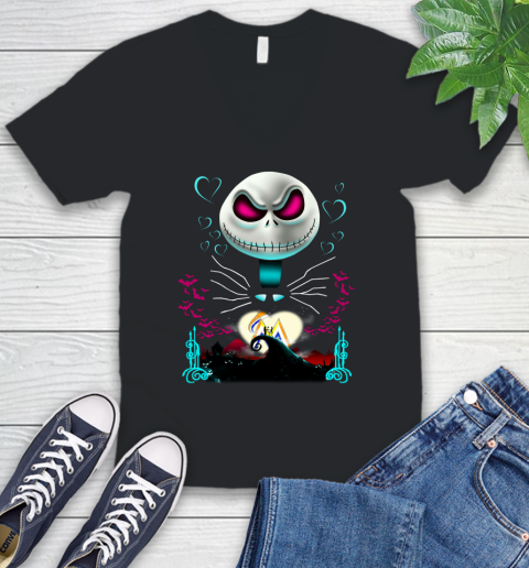 MLB Miami Marlins Jack Skellington Sally The Nightmare Before Christmas Baseball V-Neck T-Shirt