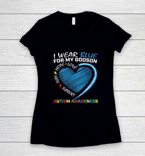 I Wear Blue For My Godson Autism Awareness Puzzle Heart Women's V-Neck T-Shirt