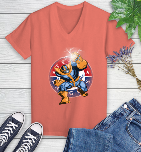 Texas Rangers MLB Baseball Thanos Avengers Infinity War Marvel Women's V-Neck T-Shirt 6