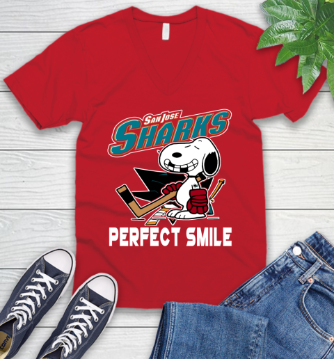 NHL San Jose Sharks Snoopy Perfect Smile The Peanuts Movie Hockey T Shirt V-Neck T-Shirt 6