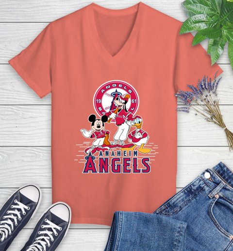 MLB Los Angeles Angels Mickey Mouse Donald Duck Goofy Baseball T Shirt Women's V-Neck T-Shirt 6