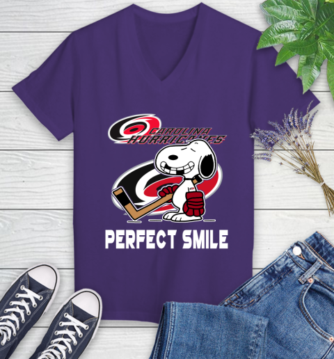 NHL Carolina Hurricanes Snoopy Perfect Smile The Peanuts Movie Hockey T Shirt Women's V-Neck T-Shirt 3
