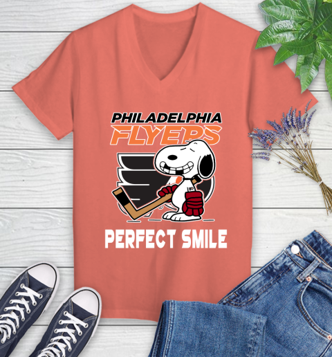 NHL Philadelphia Flyers Snoopy Perfect Smile The Peanuts Movie Hockey T Shirt Women's V-Neck T-Shirt 6