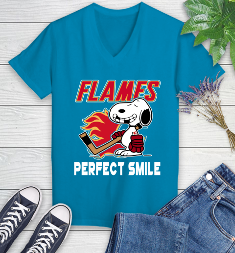 NHL Calgary Flames Snoopy Perfect Smile The Peanuts Movie Hockey T Shirt Women's V-Neck T-Shirt 7