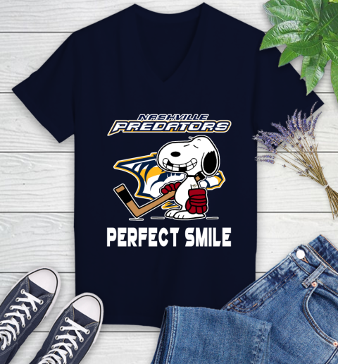 NHL Nashville Predators Snoopy Perfect Smile The Peanuts Movie Hockey T Shirt Women's V-Neck T-Shirt 2