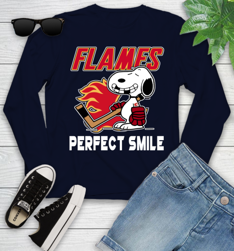 NHL Calgary Flames Snoopy Perfect Smile The Peanuts Movie Hockey T Shirt Youth Long Sleeve 2