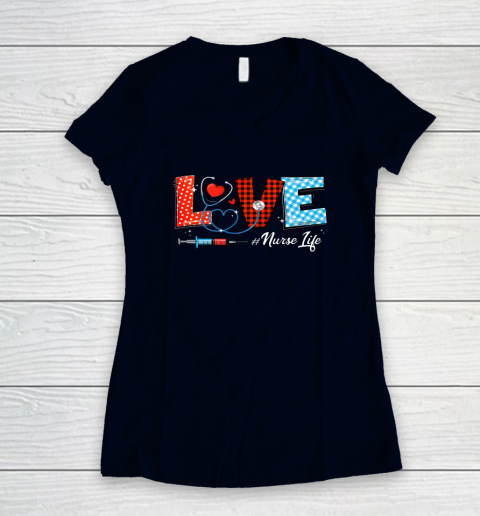 Love Nurselife Valentine Nurse Leopard Print Plaid Heart Women's V-Neck T-Shirt 9